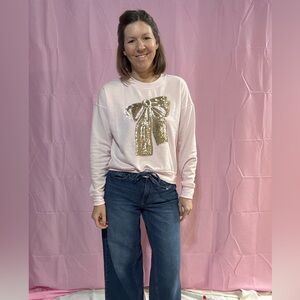 NWOT Philosophy Light Pink sparkly gold bow Top